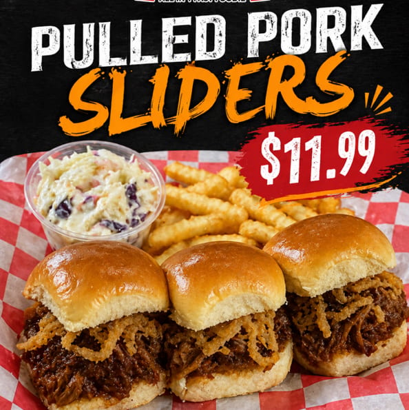 Pulled Pork Sliders Served With A Side Of Fries And Coleslaw.