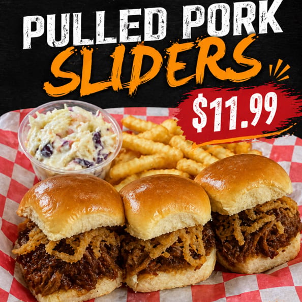 Pulled Pork Sliders With A Side Of Fries And Coleslaw.