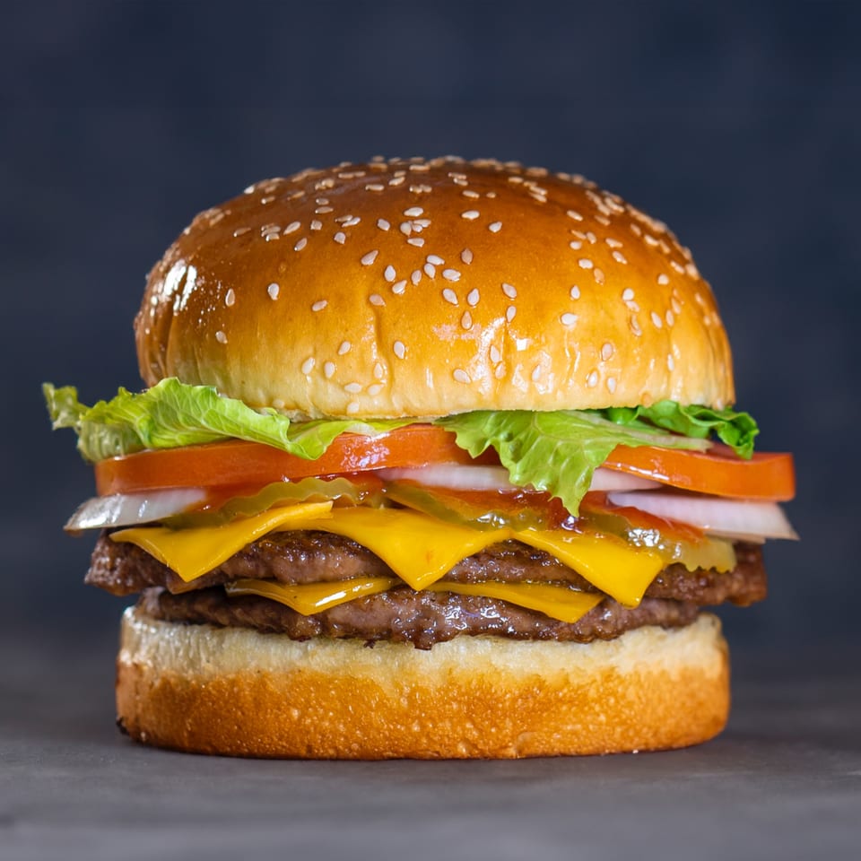 A double cheeseburger with lettuce, tomato, onion, and pickles on a sesame seed bun.