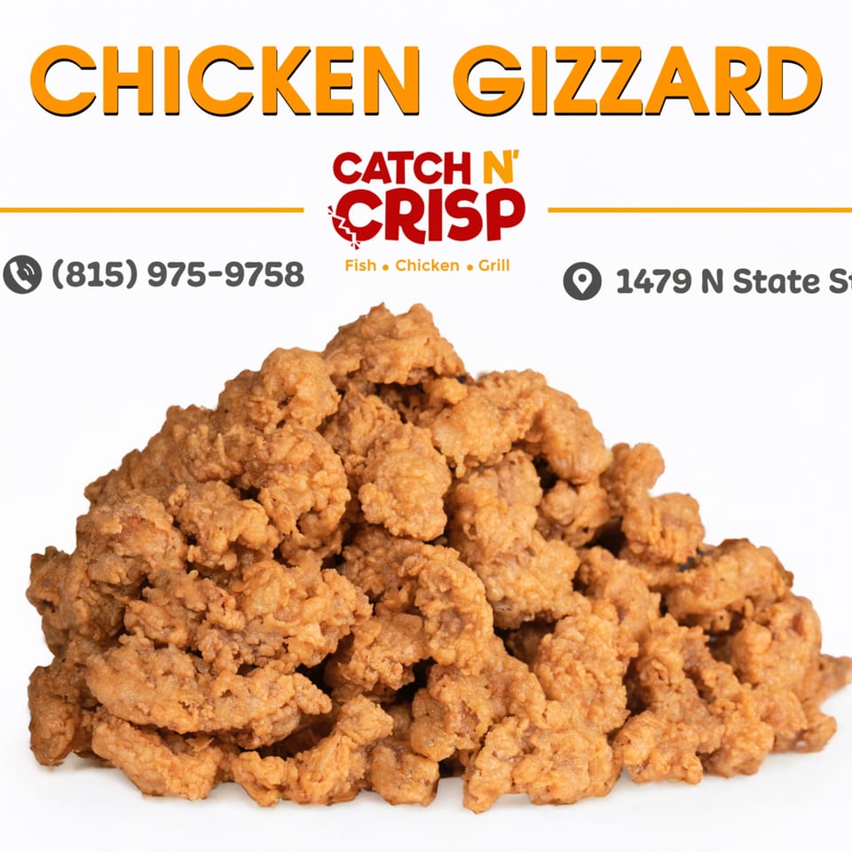 A large pile of golden-brown, crispy fried chicken gizzards from Catch N' Crisp.